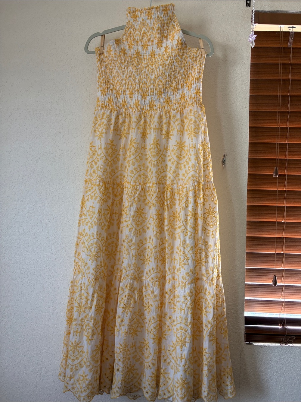 Simplee Apparel Embroidered Yellow & White Smocked Halter Maxi